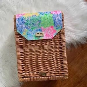 Lilly Pulitzer Wicker Wine picnic Basket NEW